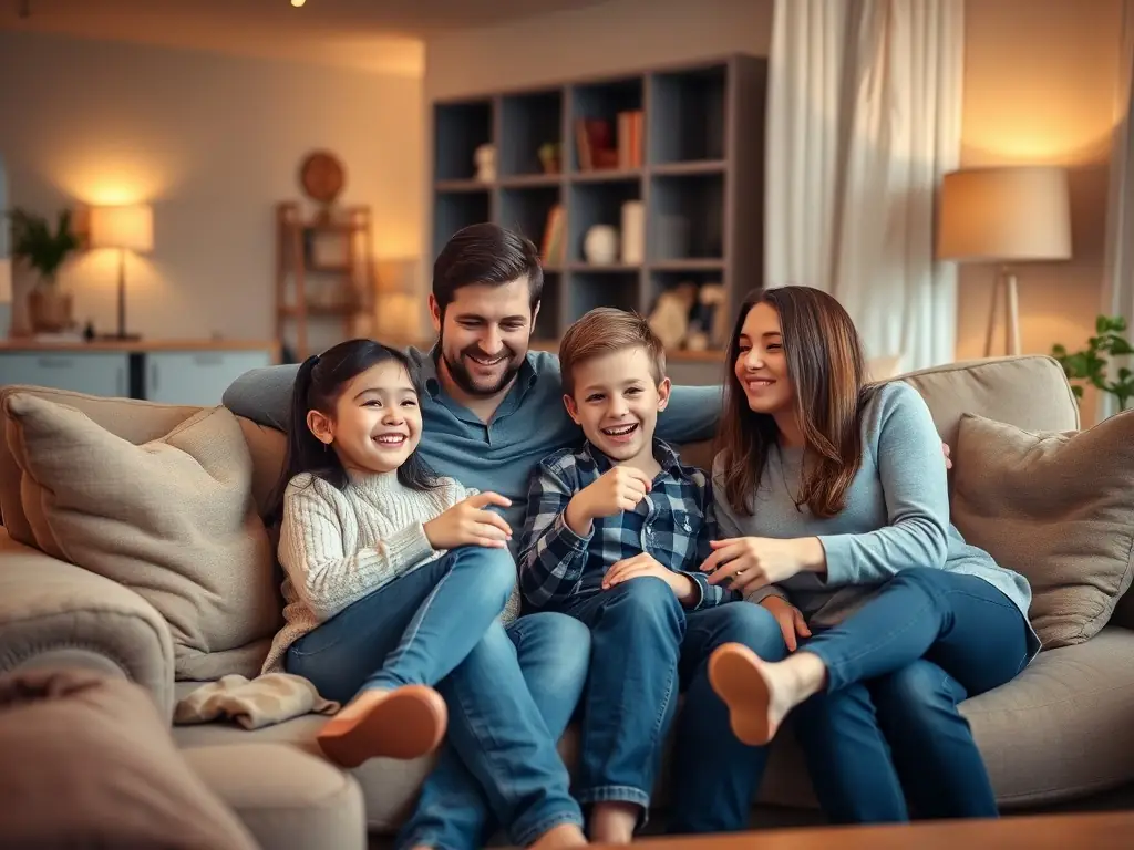 A sophisticated, modern living room with a family gathered, looking relaxed and financially secure, symbolizing the peace of mind that wealth management brings.